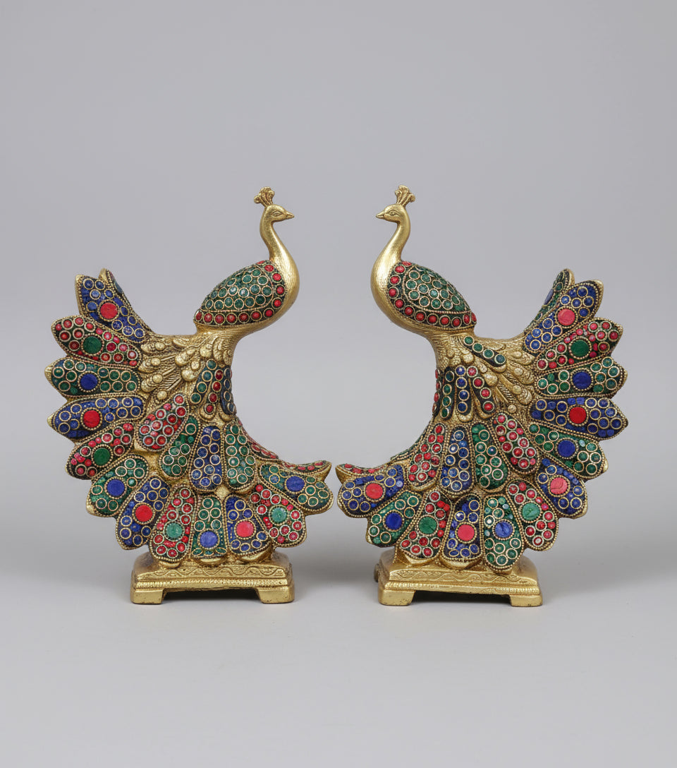 brass with stonework peacock pair statue for home décor